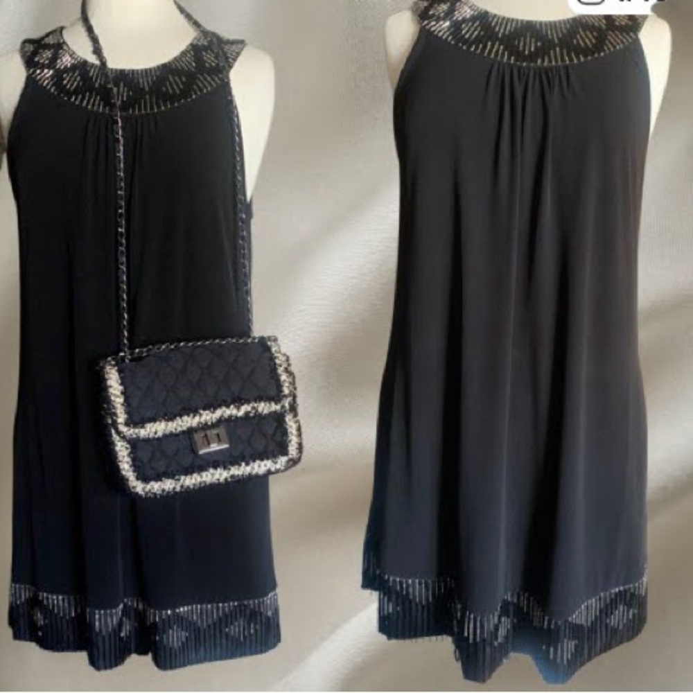 Express Little Black & Silver Beaded Fringe Dress Size Medium